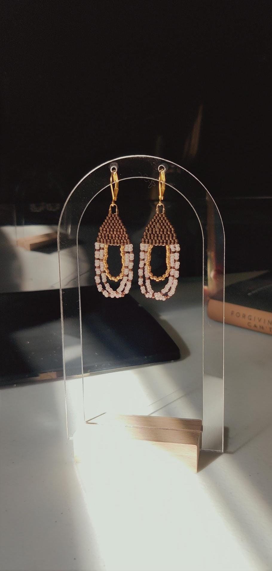Handmade Beaded Dangle Earrings, Brown and Pink Glass Beads