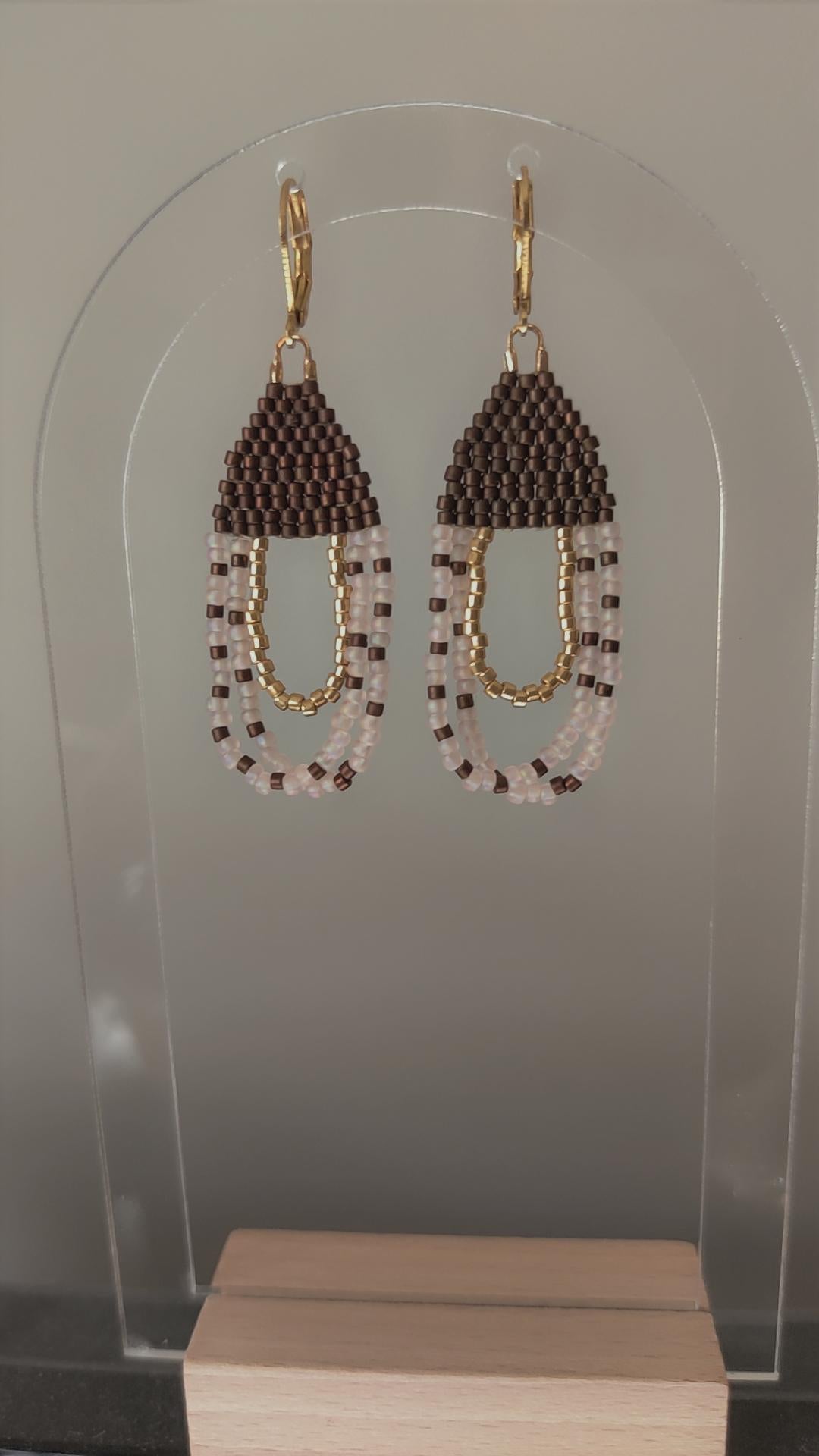 Handmade Beaded Dangle Earrings, Brown and Pink Glass Beads