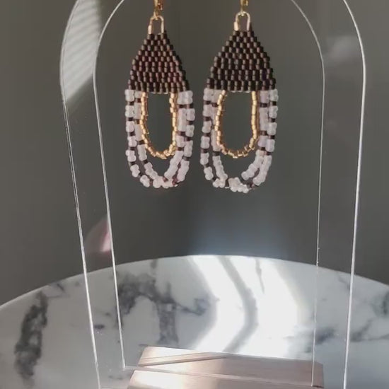 Handmade Beaded Dangle Earrings, Brown and Pink Glass Beads