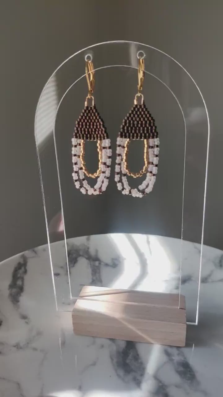 Handmade Beaded Dangle Earrings, Brown and Pink Glass Beads