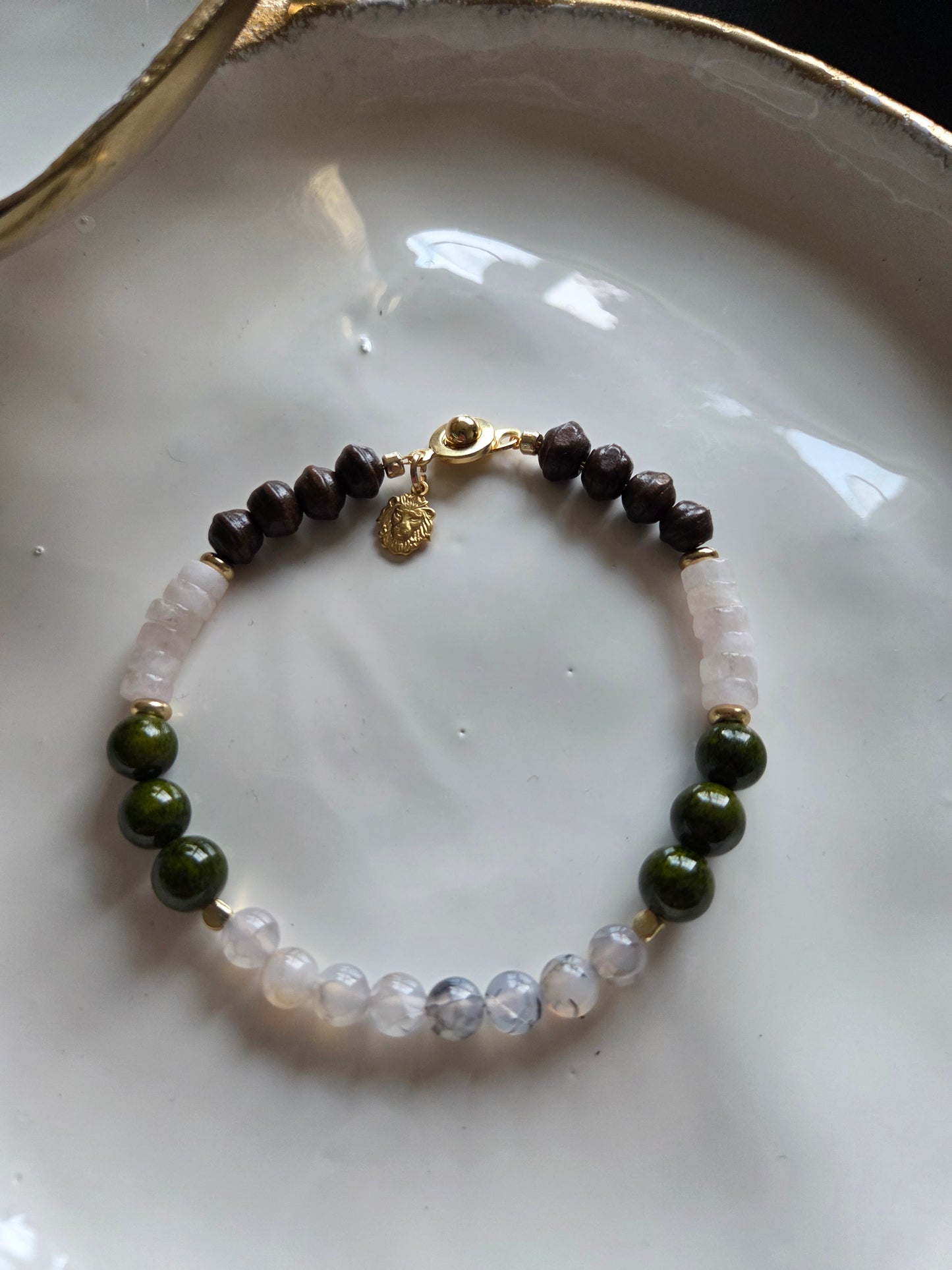 ELOISE Handmade Green Stone and Wood Bracelet, Artisan Rose Quartz Rondelle Jewelry, Earthy Gemstone Bracelet Stack.