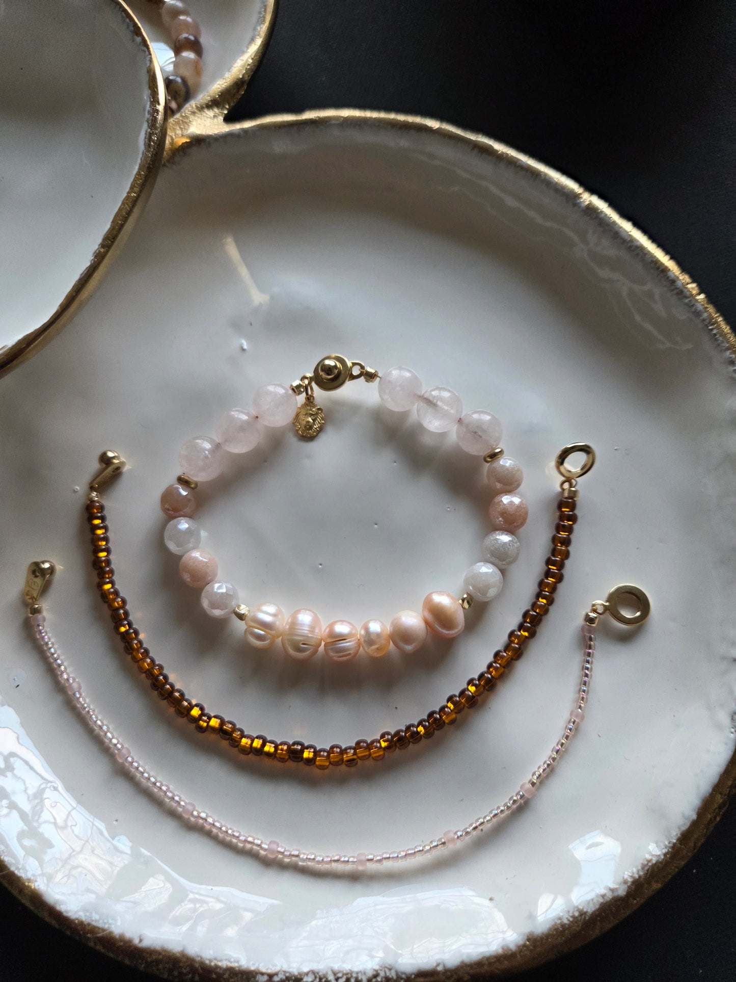 ODETTE Handmade Rose Quartz and Pearl Bracelet Stack, Artisan Aventurine Jewelry, Pink and Neutral Gemstone Bracelet.