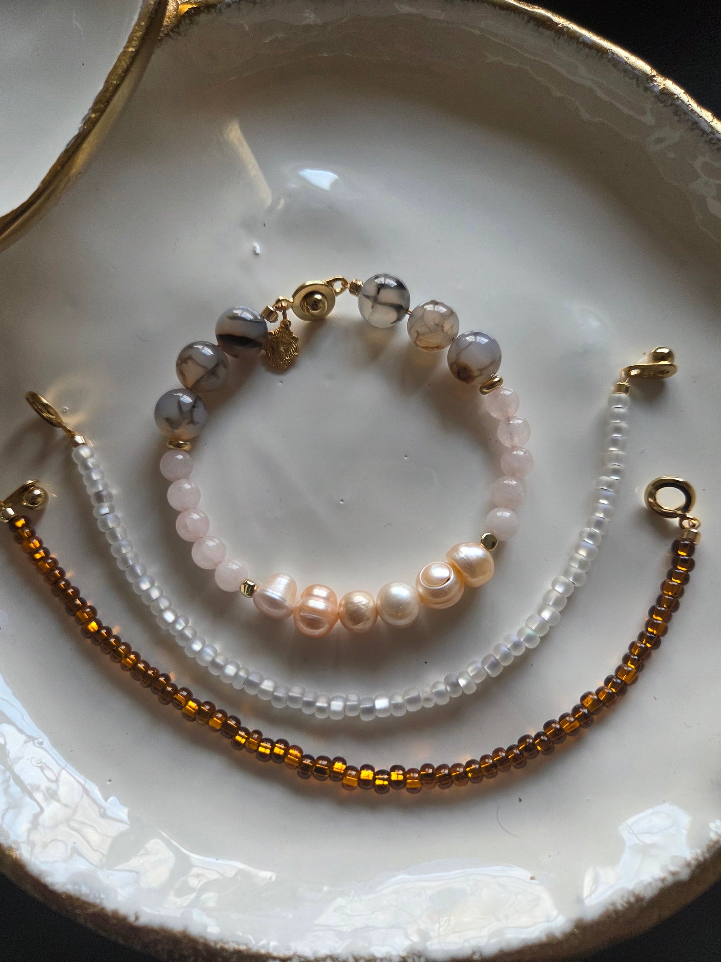 ISABEAU  Handmade Rose Quartz and Rutilated Agate Bracelet Stack, Artisan Potato Pearl Jewelry, Luxury Gemstone Bracelet.