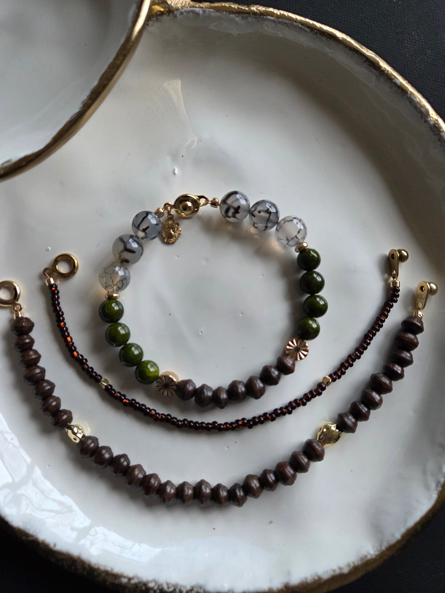 CONSTANCE Handmade Rutilated Agate Bracelet Stack, Artisan Wood and Green Stone Jewelry Set, Multi-Strand Gemstone Bracelet.
