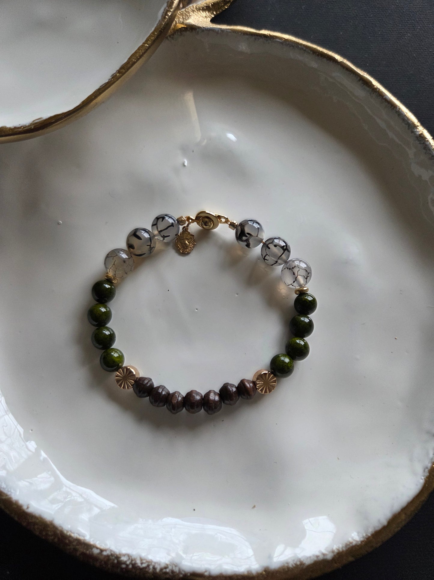 CONSTANCE Handmade Rutilated Agate Bracelet Stack, Artisan Wood and Green Stone Jewelry Set, Multi-Strand Gemstone Bracelet.
