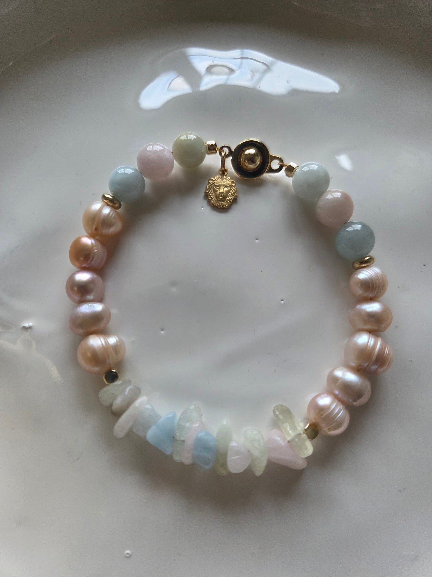 KAMILA Handmade Morganite Bracelet, 18k Gold Plated Gemstone Jewelry, Morganite and Pearl Bracelet Stack.