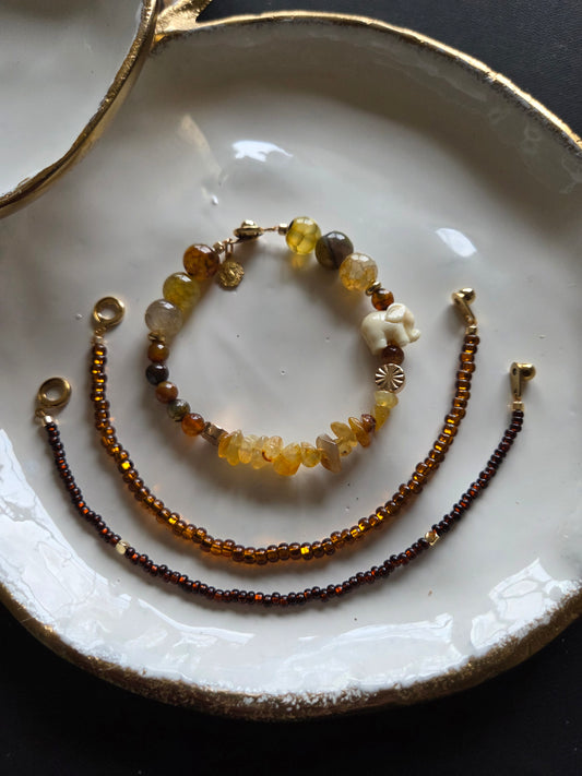 ANNALISE Handmade Brown Labradorite Bracelet Stack, Porcelain Elephant Jewelry Set, Artisan Rutilated Bead Bracelet.