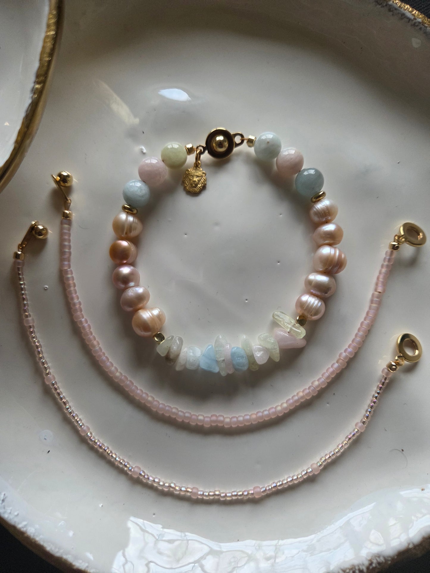 KAMILA Handmade Morganite Bracelet, 18k Gold Plated Gemstone Jewelry, Morganite and Pearl Bracelet Stack.