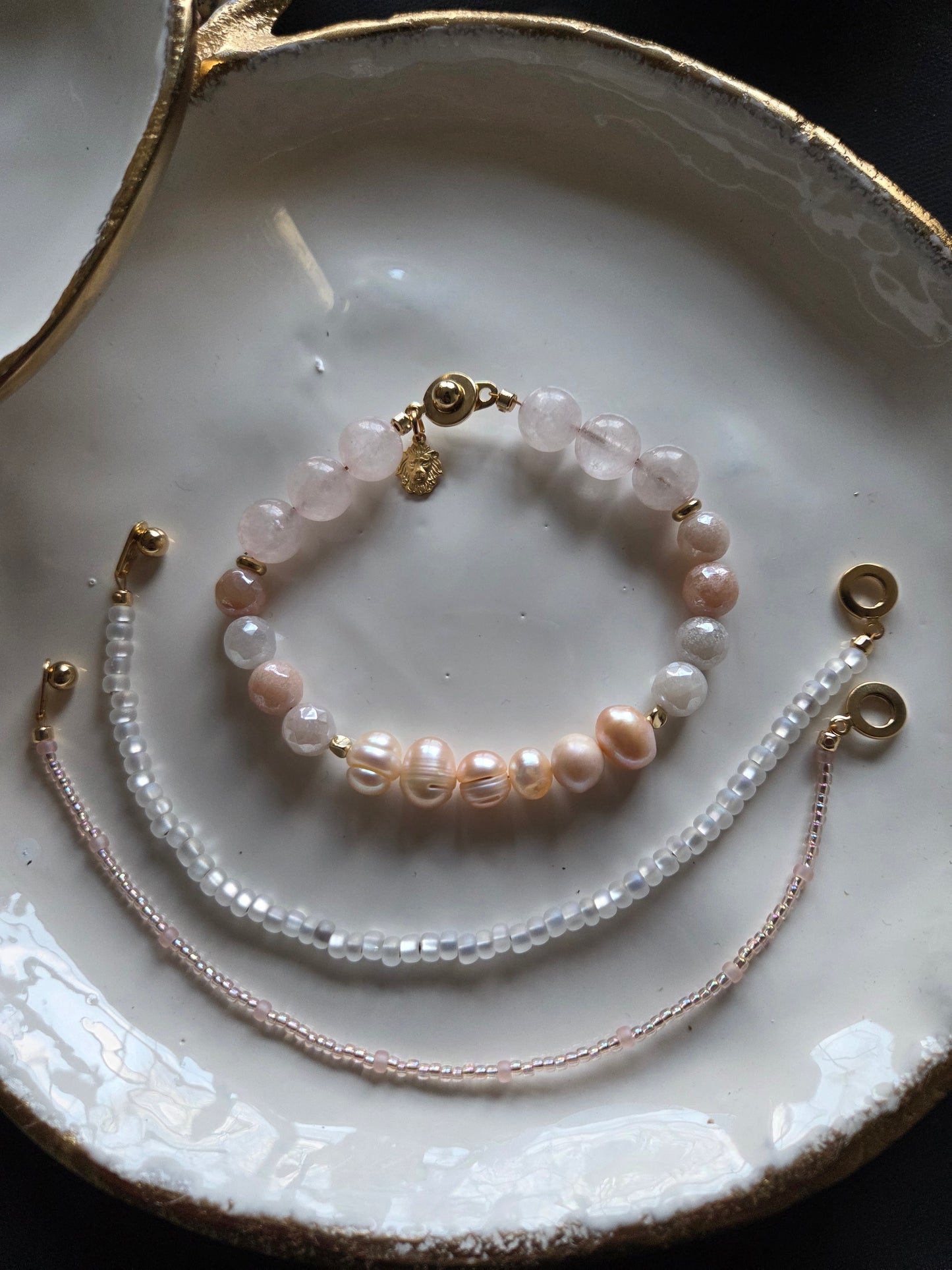 ODETTE Handmade Rose Quartz and Pearl Bracelet Stack, Artisan Aventurine Jewelry, Pink and Neutral Gemstone Bracelet.