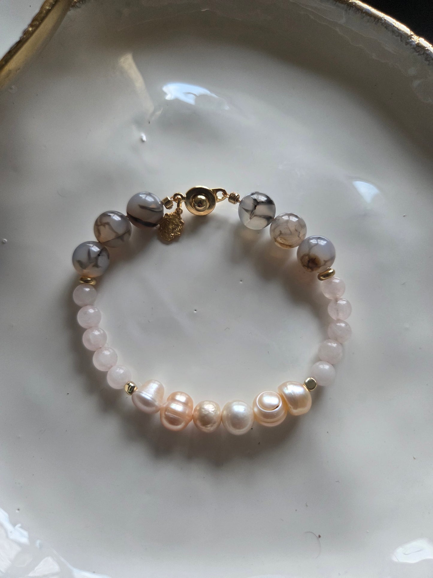 ISABEAU  Handmade Rose Quartz and Rutilated Agate Bracelet Stack, Artisan Potato Pearl Jewelry, Luxury Gemstone Bracelet.