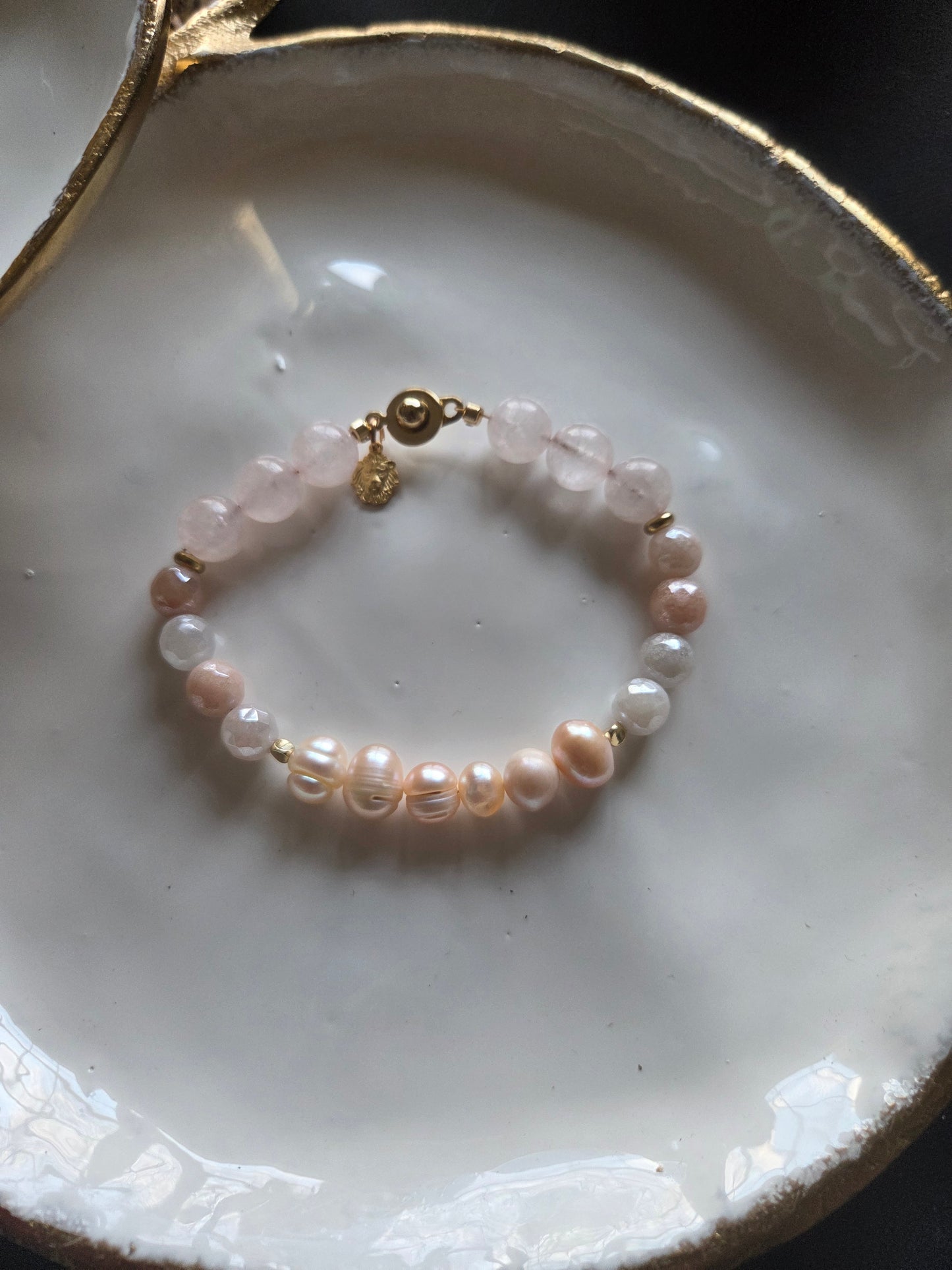 ODETTE Handmade Rose Quartz and Pearl Bracelet Stack, Artisan Aventurine Jewelry, Pink and Neutral Gemstone Bracelet.