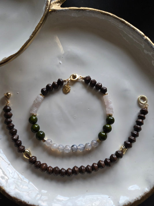 ELOISE Handmade Green Stone and Wood Bracelet, Artisan Rose Quartz Rondelle Jewelry, Earthy Gemstone Bracelet Stack.