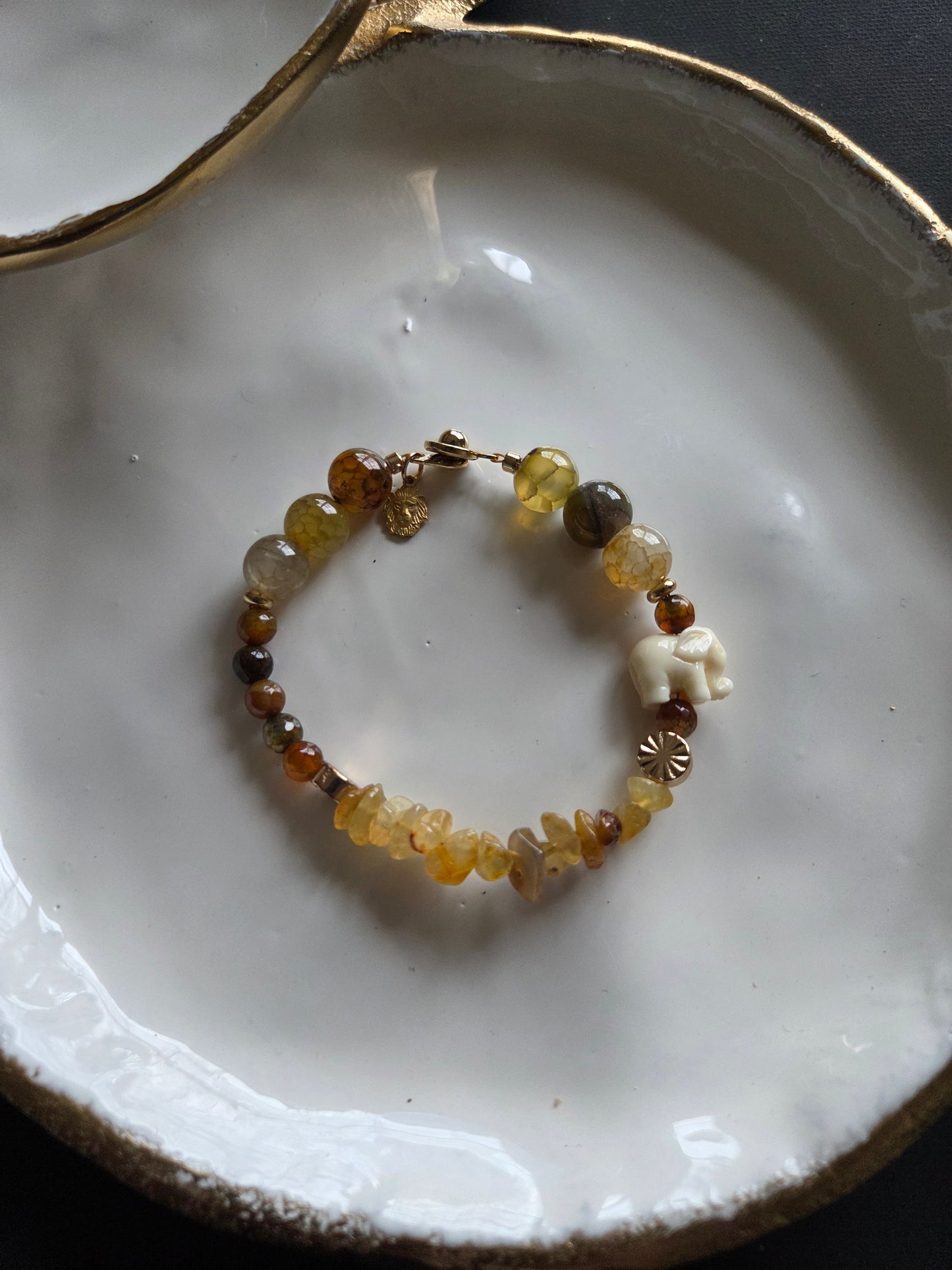 ANNALISE Handmade Brown Labradorite Bracelet Stack, Porcelain Elephant Jewelry Set, Artisan Rutilated Bead Bracelet.