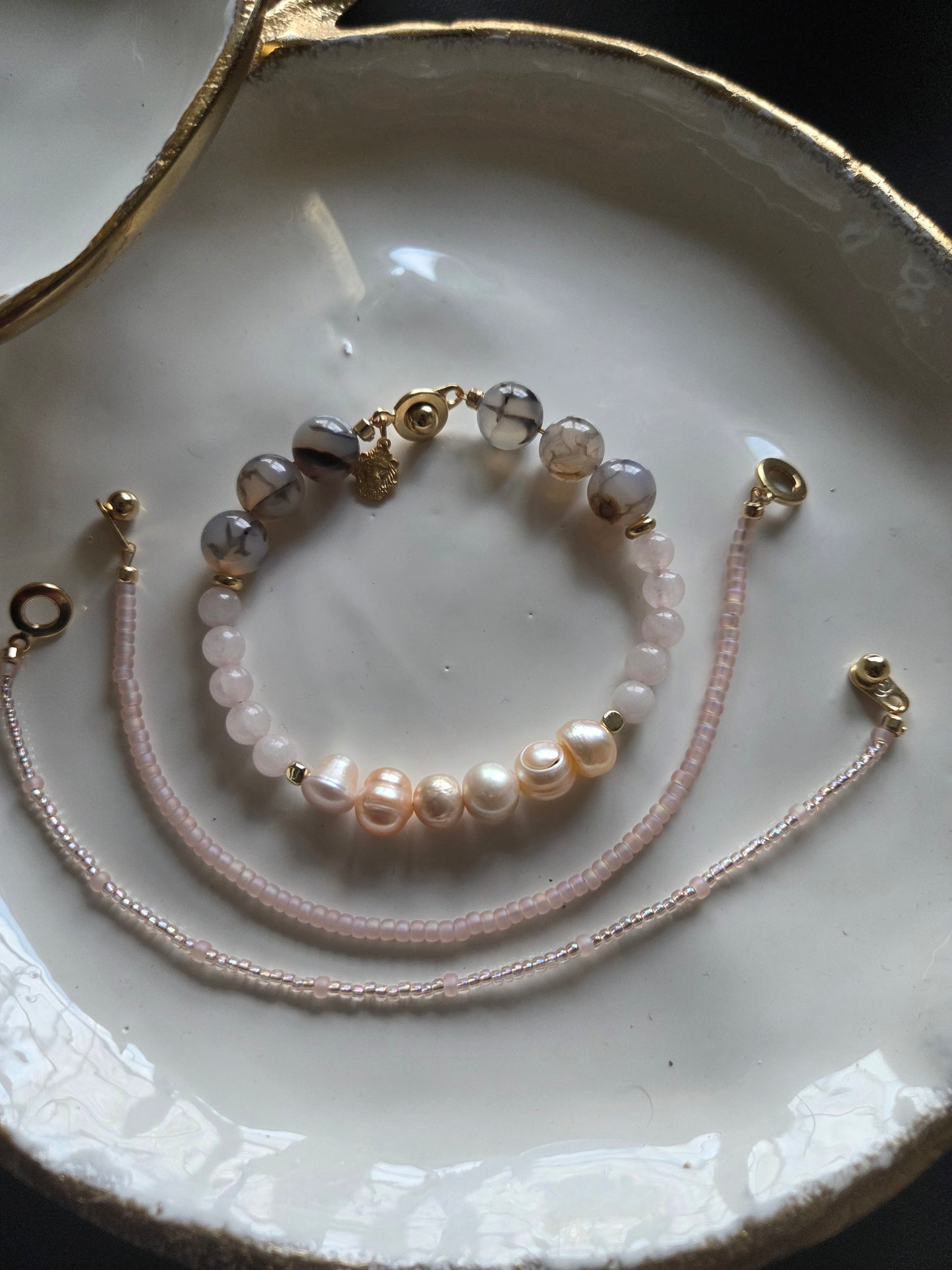 ISABEAU  Handmade Rose Quartz and Rutilated Agate Bracelet Stack, Artisan Potato Pearl Jewelry, Luxury Gemstone Bracelet.