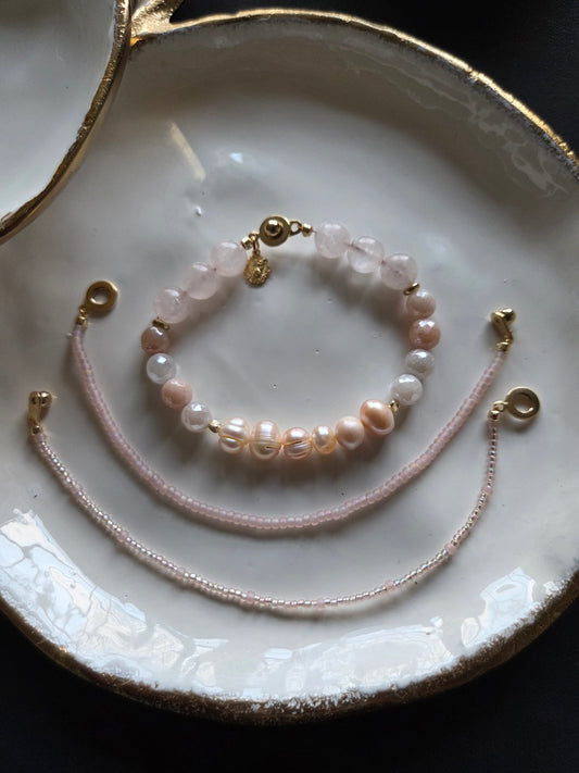 ODETTE Handmade Rose Quartz and Pearl Bracelet Stack, Artisan Aventurine Jewelry, Pink and Neutral Gemstone Bracelet.