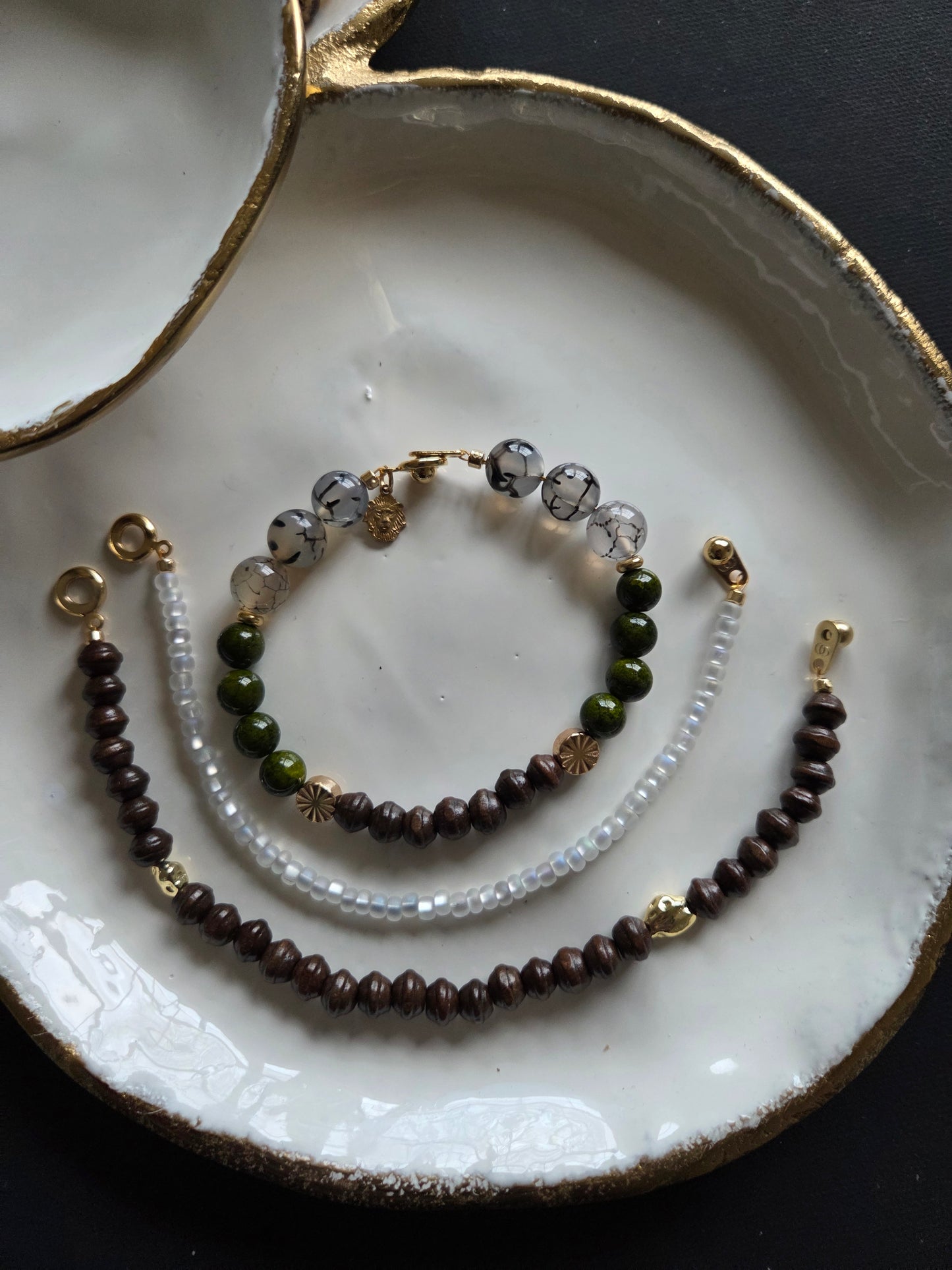 CONSTANCE Handmade Rutilated Agate Bracelet Stack, Artisan Wood and Green Stone Jewelry Set, Multi-Strand Gemstone Bracelet.