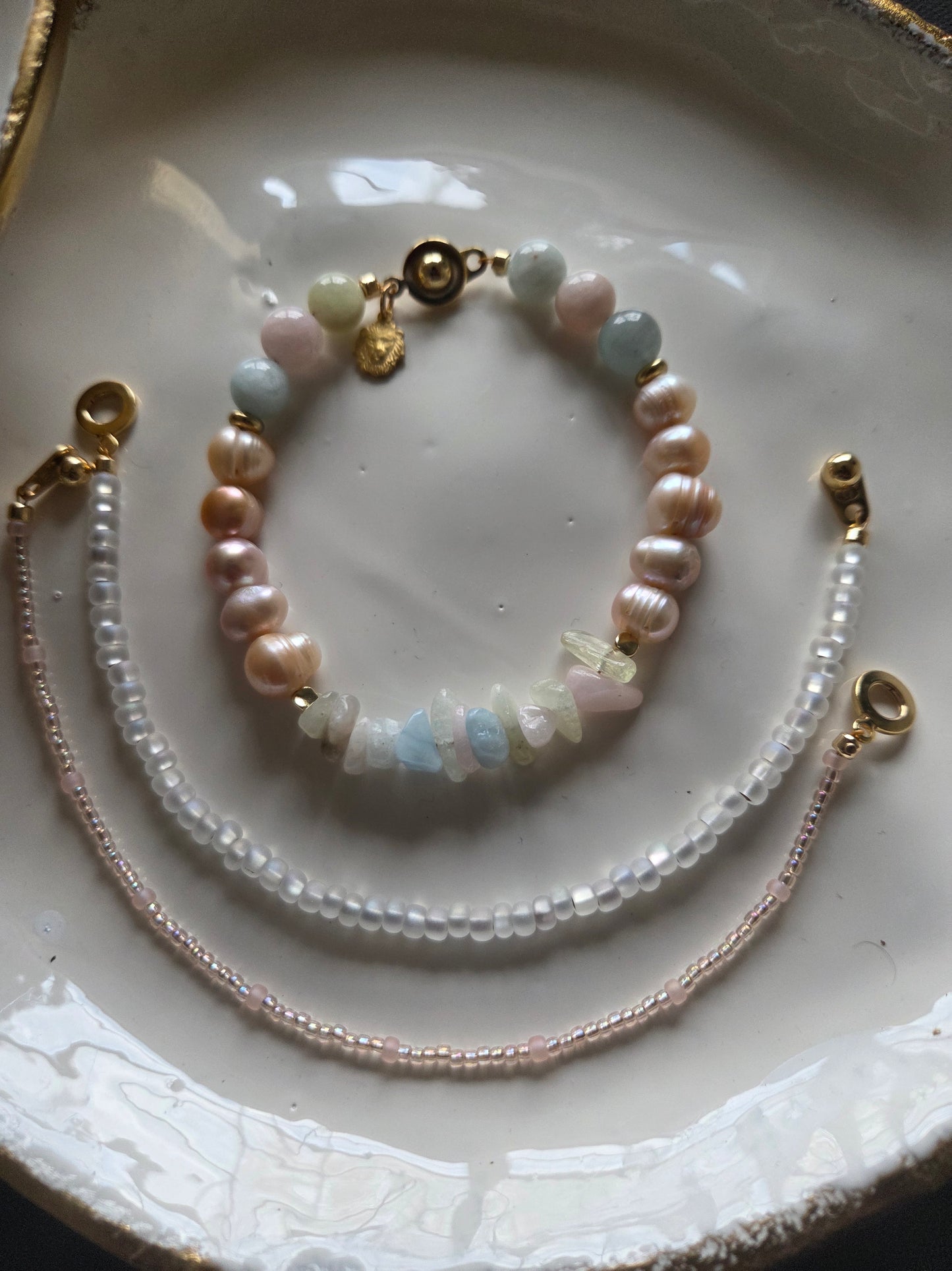 KAMILA Handmade Morganite Bracelet, 18k Gold Plated Gemstone Jewelry, Morganite and Pearl Bracelet Stack.